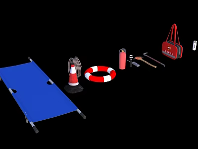 Emergency Response Equipment Collection With Blue Stretcher Lifebuoy Fire Extinguisher And Red First Aid Bag 3d model