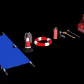 Emergency Response Equipment Collection With Blue Stretcher Lifebuoy Fire Extinguisher And Red First Aid Bag