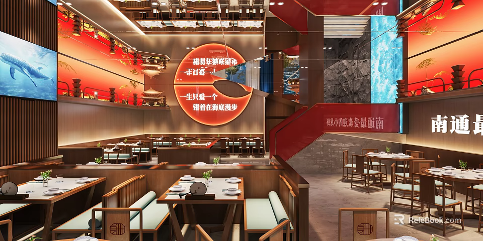Traditional Chinese Restaurant Interior With Red Decor Lanterns And Wooden Dining Tables 3d model 