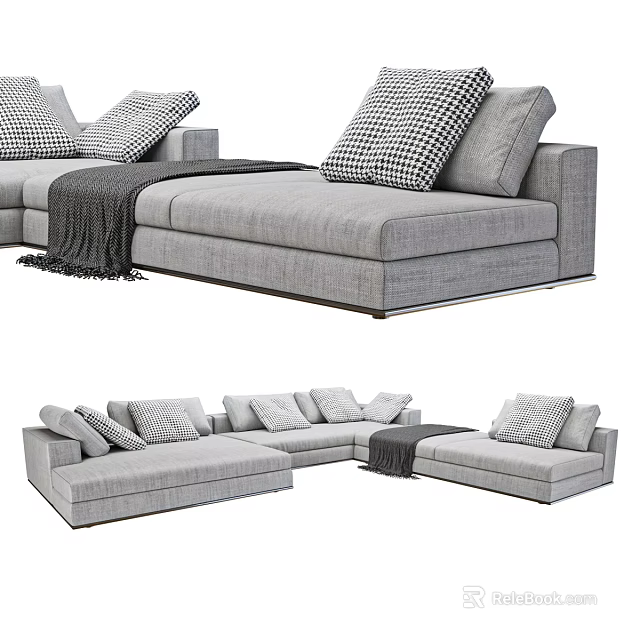 Modern Gray Sectional Sofa Featuring Checkered Pillows And Cozy Throw Blanket 3d model