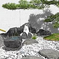 Japanese Karesansui Rock Garden with White Gravel Rocks Pine Tree Moss and Waterfall