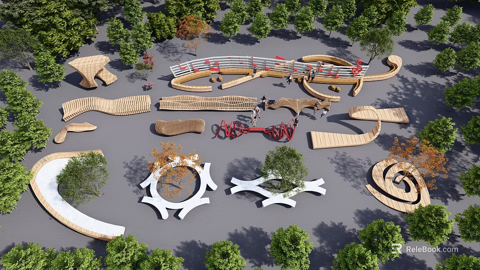 Creative Landscape Seats Design In Outdoor Park With Wooden Shapes And Green Trees 3d model 