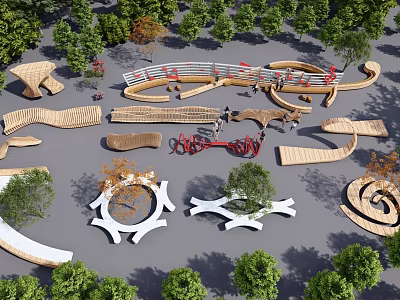 Creative Landscape Seats Design In Outdoor Park With Wooden Shapes And Green Trees 3d model