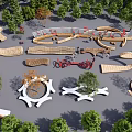 Creative Landscape Seats Design In Outdoor Park With Wooden Shapes And Green Trees