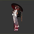 Female Character In Traditional Outfit Holding Red Umbrella With Three Swords Behind Back