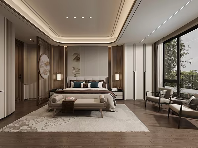 Modern Bedroom Interior With Comfortable Bed Nightstands Accent Chairs And Area Rug 3d model