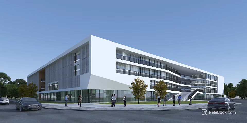 Modern School Building With White Exterior And Glass Windows Geometric Design And People Walking Around 3d model 