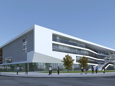 Modern School Building With White Exterior And Glass Windows Geometric Design And People Walking Around 3d model