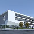 Modern School Building With White Exterior And Glass Windows Geometric Design And People Walking Around