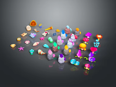 Colorful Cartoon Style Scene Components With Stars Shells Mushrooms Gems For Games And Toys 3d model