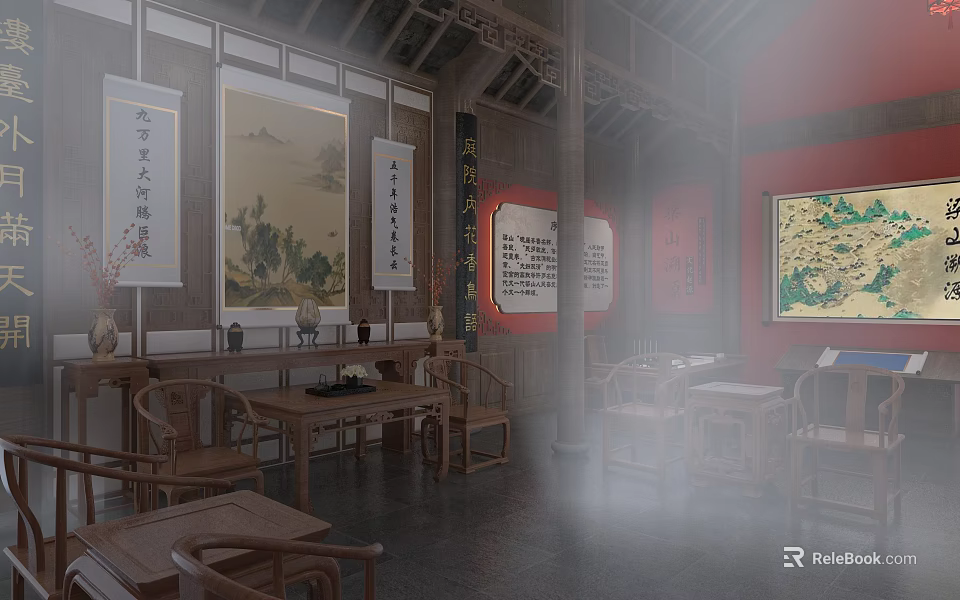 Traditional Chinese Room Interior With Wooden Furniture Calligraphy Scrolls And Classical Paintings 3d model 