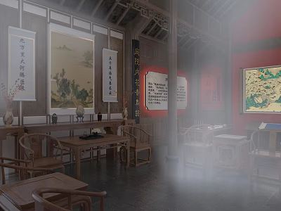 Traditional Chinese Room Interior With Wooden Furniture Calligraphy Scrolls And Classical Paintings 3d model