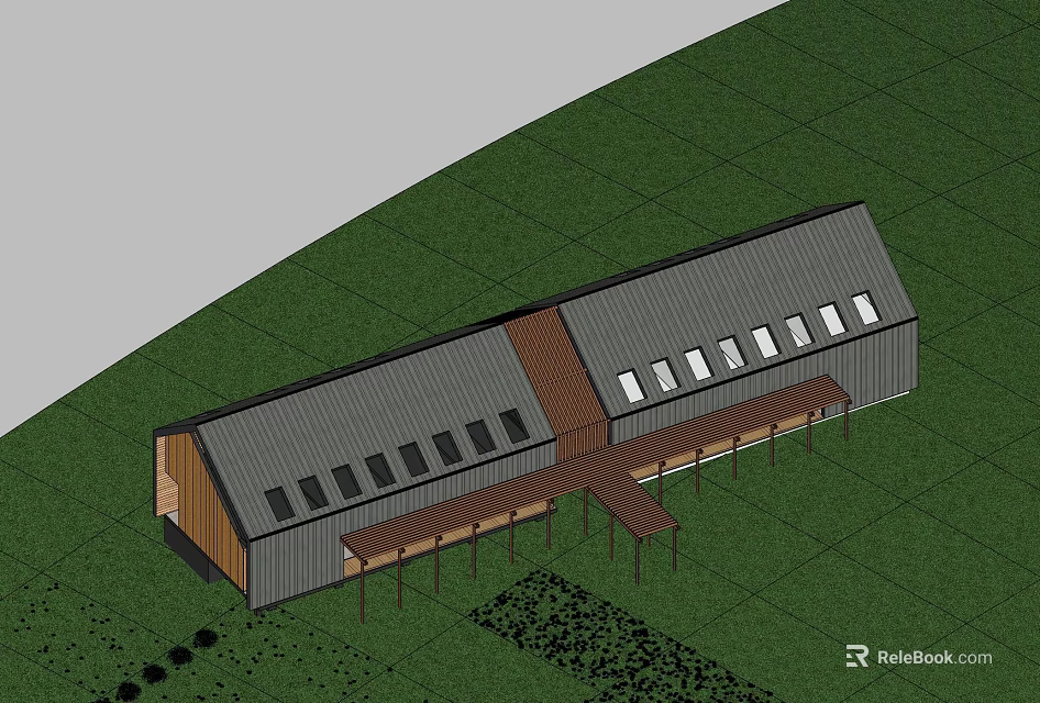 Modern Detached House Exterior Design With Gray Metal Roof Multiple Windows Wooden Accents And Grass 3d model 