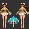 Game and Movie Character in Yellow White Outfit with Twin Ponytails and Blue Fan