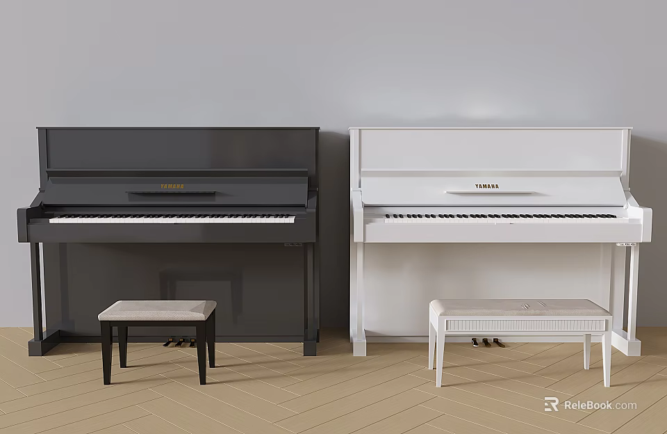Stylish Musical Instruments And Art Supplies With Black White Pianos And Wooden Stools 3d model 
