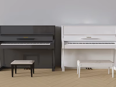 Stylish Musical Instruments And Art Supplies With Black White Pianos And Wooden Stools 3d model