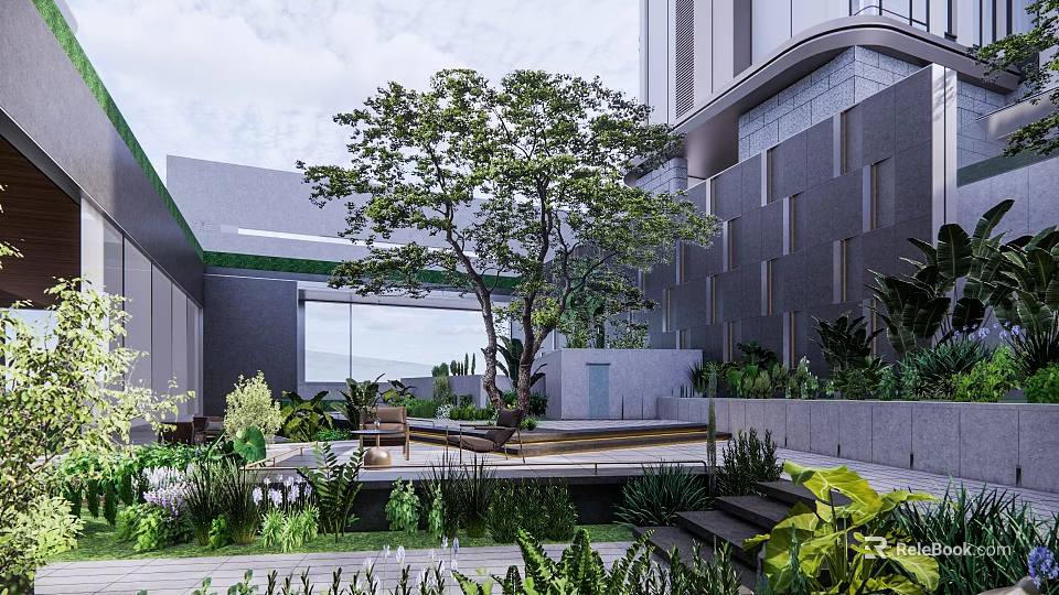 Modern Garden Landscape With Large Tree Green Plants Seating Steps And Water Feature 3d model 