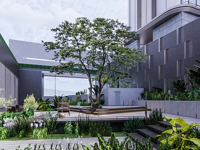 Modern Garden Landscape With Large Tree Green Plants Seating Steps And Water Feature 3d model