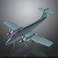Light Blue Aerospace Model Aircraft Featuring Twin Propellers And Purple Transparent Cockpit On Dark Background