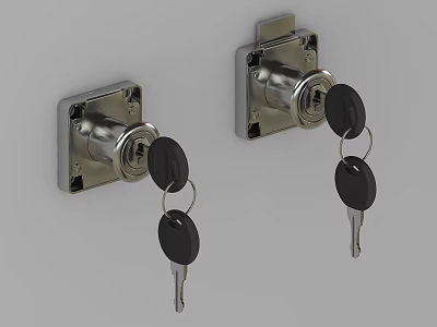 Two Modern Metal Door Handles With Lock And Hanging Keys On Wall 3d model