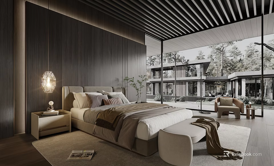 Modern Bedroom Interior With Dark Wooden Walls Slatted Ceiling Large Bed And Scenic View 3d model 