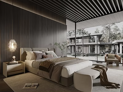 Modern Bedroom Interior With Dark Wooden Walls Slatted Ceiling Large Bed And Scenic View 3d model