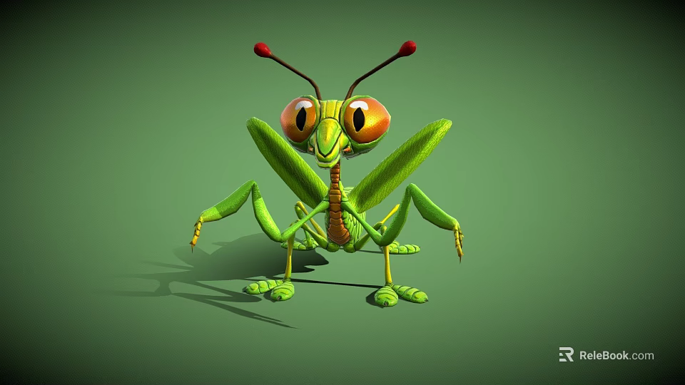 Green Mantis with Large Eyes Red Antennae Standing on Green Background 3d model 