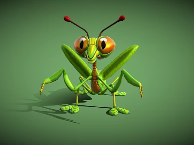Green Mantis with Large Eyes Red Antennae Standing on Green Background 3d model
