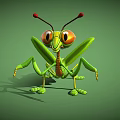 Green Mantis with Large Eyes Red Antennae Standing on Green Background