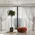 Cozy Orange Bean Bag Chair in Modern Room with Large Windows White Curtains Palm Plant