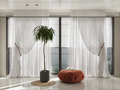 Cozy Orange Bean Bag Chair in Modern Room with Large Windows White Curtains Palm Plant 3d model