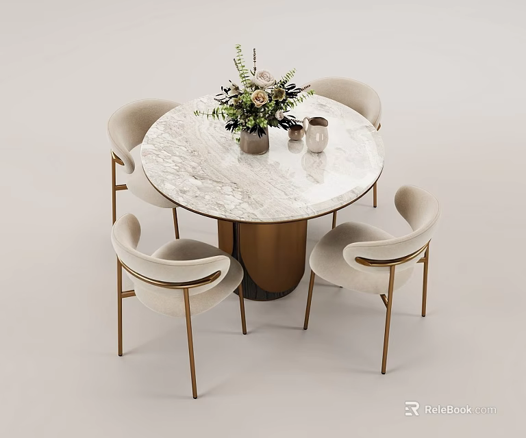 Modern Round Marble Dining Table Set With Gold Base And Four Light Colored Chairs 3d model