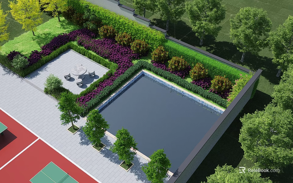 Scenic Park Landscape With Swimming Pool Greenery Trees Tennis Court And Seating Area 3d model 