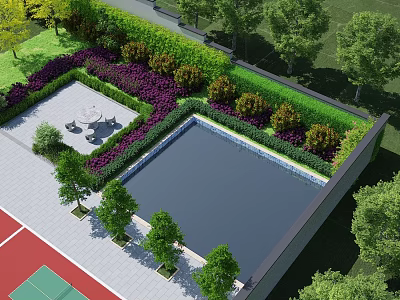 Scenic Park Landscape With Swimming Pool Greenery Trees Tennis Court And Seating Area 3d model