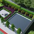 Scenic Park Landscape With Swimming Pool Greenery Trees Tennis Court And Seating Area