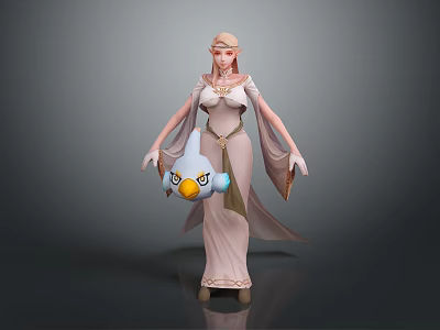 Elven Woman in Elegant Long Dress Holding Blue Bird Plush With Yellow Beak 3d model