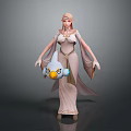 Elven Woman in Elegant Long Dress Holding Blue Bird Plush With Yellow Beak