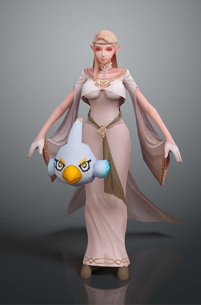 Elven Woman in Elegant Long Dress Holding Blue Bird Plush With Yellow Beak 3d model