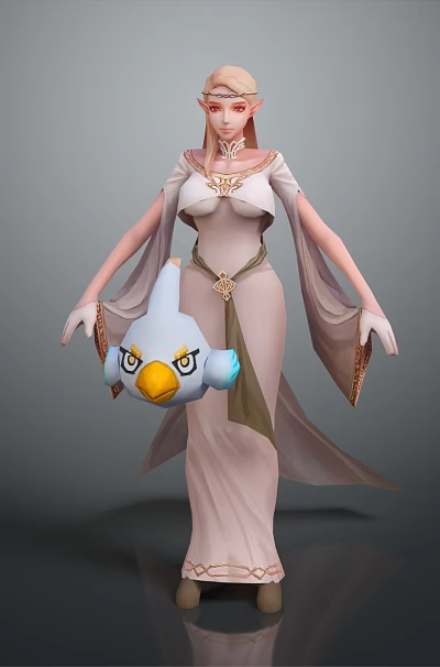 Elven Woman in Elegant Long Dress Holding Blue Bird Plush With Yellow Beak 3d model Elven Woman in Elegant Long Dress Holding Blue Bird Plush With Yellow Beak 3d model