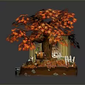 Red Leaf Tree With Vibrant Autumn Foliage Miniature Water Feature Bench And Green Grass Landscape