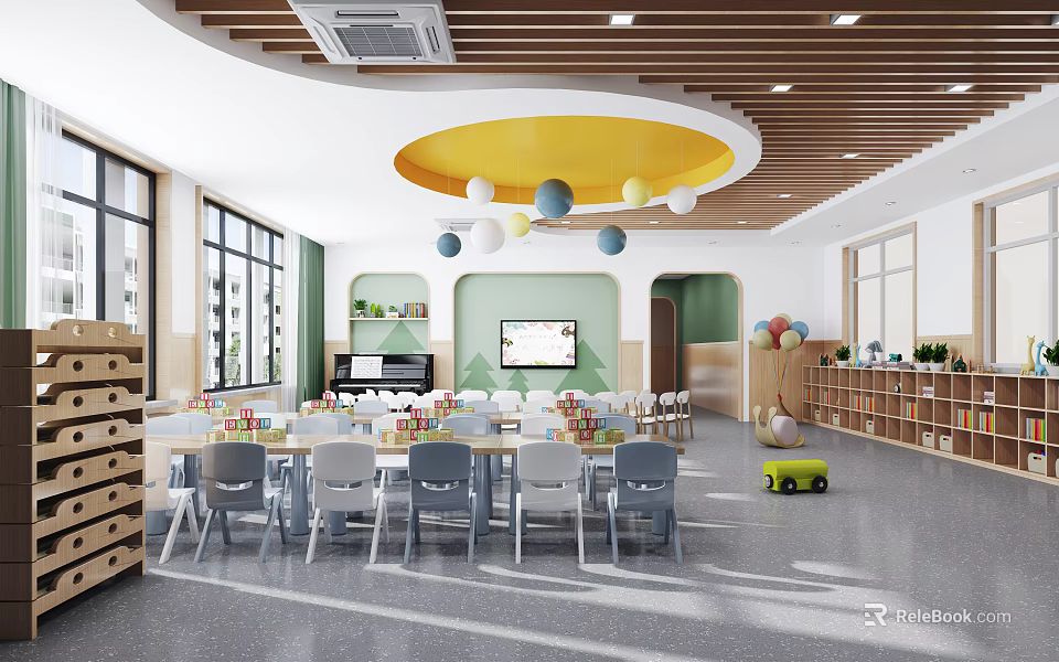 Bright Kindergarten Interior With Colorful Tables Chairs Bookshelves TV Balloons And Large Windows 3d model 
