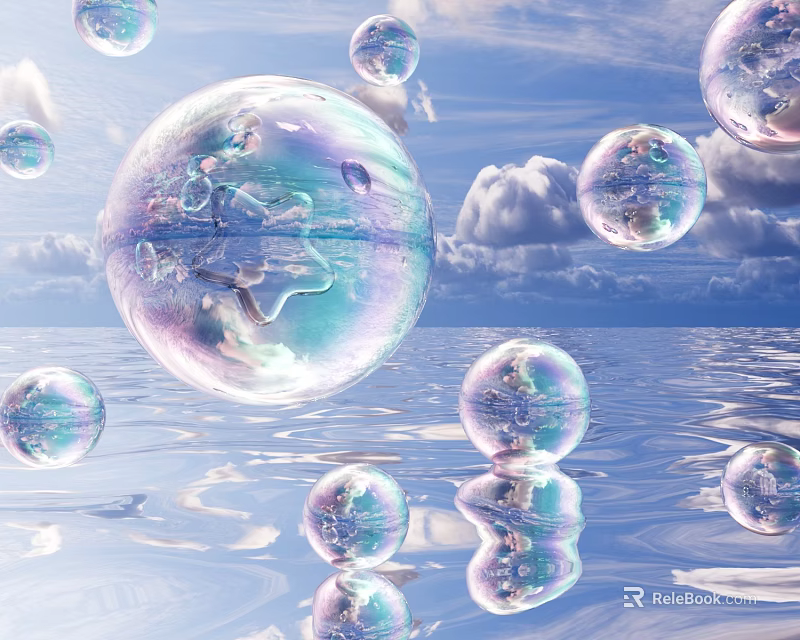 Colorful Transparent Bubbles Floating On Water Surface With Blue Sky And Cloud Reflections 3d model 