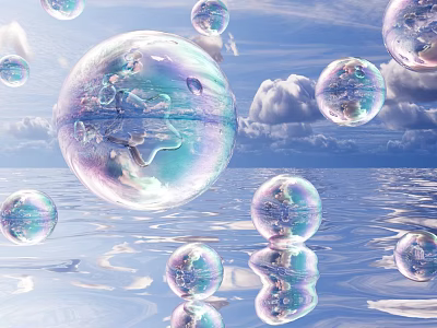 Colorful Transparent Bubbles Floating On Water Surface With Blue Sky And Cloud Reflections 3d model