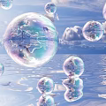 Colorful Transparent Bubbles Floating On Water Surface With Blue Sky And Cloud Reflections