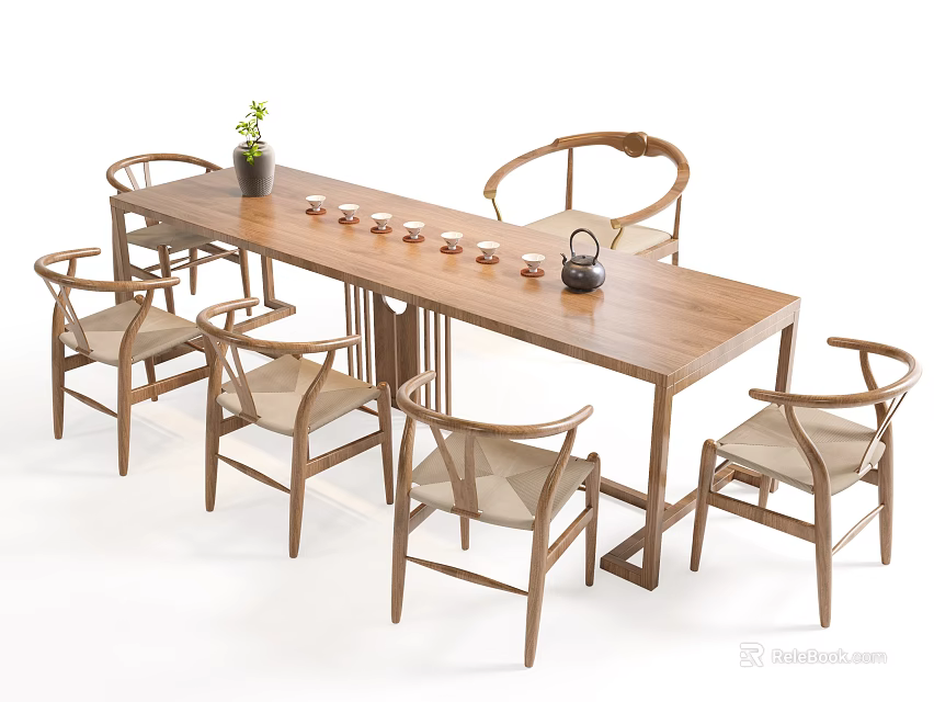 Wooden Tea Table And Chairs With Teapot Tea Cups And Small Plant 3d model 