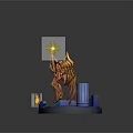 Game Movie Character Golden Angel With Spread Wings Glowing Weapon And Blue Base Flame