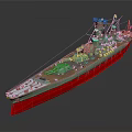 Detailed Battleship Model with Green Hull Red Bottom Deck Turrets and Superstructure 3d model