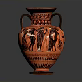 Ancient Greek Style Red Clay Vase With Black Figure Sculpted Design And Two Handles
