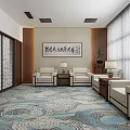 Modern Hotel Public Lounge Area With Comfortable Sofas Decorative Painting And Patterned Carpet 3d model