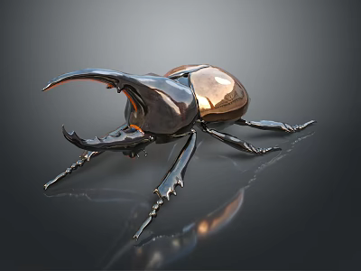 Metallic Rhinoceros Beetle with Shiny Exoskeleton Large Horn and Legs on Dark Background with Reflection 3d model